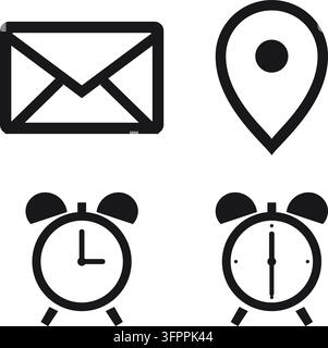 Set of four black vector icons including envelope, location pin, and two alarm clocks isolated on white background Stock Vector