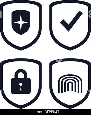 Set of four security shield icons with checkmark, lock, and signal symbols in flat vector style Stock Vector