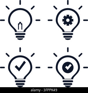Set of four lightbulb icons with gear and checkmark symbols for innovation and success concepts Stock Vector