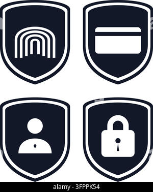 Set of four dark blue security shield icons with fingerprint, credit card, user, and padlock symbols Stock Vector