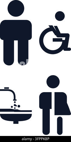Set of dark blue vector icons for accessible public restrooms, handicap, and sink on white background Stock Vector