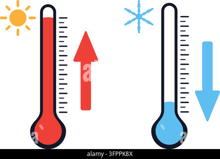 Vector illustration of hot and cold thermometers with sun, snowflake, and arrows on white background Stock Vector