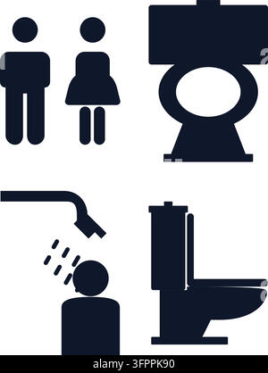 Set of dark blue bathroom icons including toilet, shower, and male female figures on white background Stock Vector