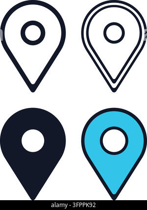 Set of four location pin icons in outline, solid, and flat styles isolated on white background Stock Vector
