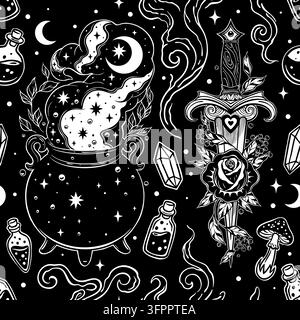Seamless vector pattern with brewing witch cauldron, dagger with rose, magic potion bottles, crystals, mushrooms, and stars on black. Stock Vector