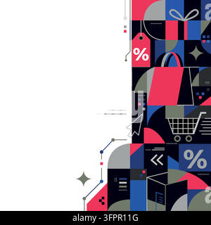 Black Friday Background with Shopping Icons, Gift Boxes, Discounts, and Cart Symbols on White Backdrop with Copy Space Creating E-Commerce Sales Conce Stock Vector