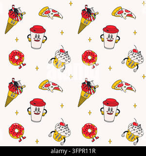 Seamless funky pattern with pizza, coffee and donuts Stock Vector