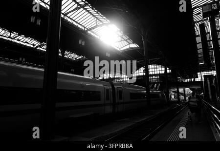 Sunlight bursts through the glass roof above a high speed train at Basel SBB station, in black & white Stock Photo