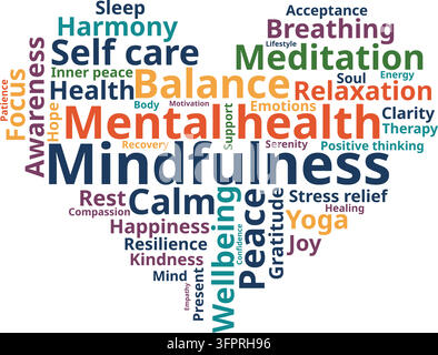Colorful heart-shaped word cloud about mindfulness and mental health with related terms in different sizes. Vector illustration on white background. Stock Vector