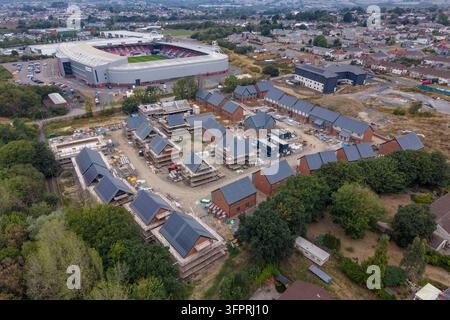 Aerial view of a new housing estate under construction in Llanelli (SA14), Carmarthenshire, Wales. Stock Photo