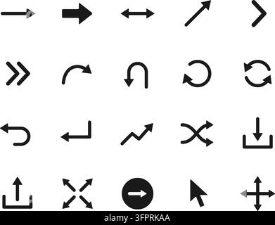 Set of 20 arrow icons in solid black flat style, including variations of the classic arrow shape. Vector illustration isolated on white background. Stock Vector