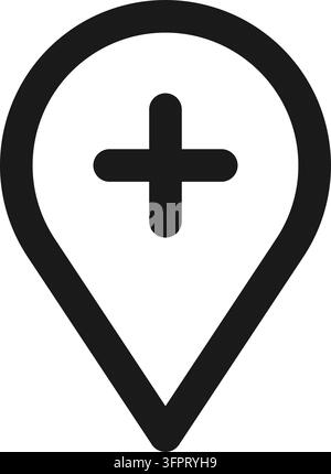 Map pin with plus line icon in thin outline style with editable stroke. Simple vector illustration isolated on white background. Stock Vector