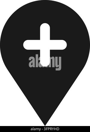 Map pin with plus icon in solid black flat style. Simple vector illustration isolated on white background. Stock Vector
