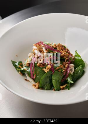 Close-up green salad bowl with mixed leafy greens, shredded red onion, crispy fried onions, and fresh herbs in white ceramic dish Stock Photo