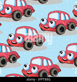 Seamless pattern with cute cars on color background. Cartoot transport. Vector illustration. Doodle style. Design for baby print, invitation, poster Stock Vector