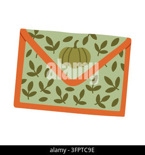 Green patterned envelope with olive leaf print, orange border, and pumpkin seal in a cozy autumn flat vector style Stock Vector