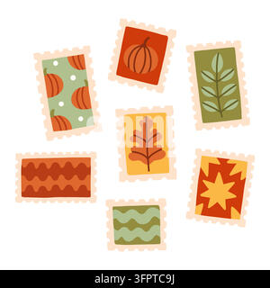 Collection of cozy autumn postage stamps featuring pumpkins, fall leaves, and botanical patterns in flat vector style Stock Vector