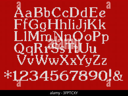 White knitted font featuring uppercase and lowercase letters, numbers, and symbols on a red sweater texture background. Perfect for winter holidays, C Stock Vector