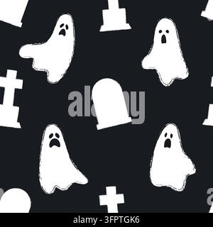 A simple and cute pattern featuring ghosts and tombstones on a black background, various ghosts, a cartoonish style, a repeating pattern, scary ghosts Stock Vector
