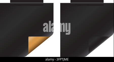 Two black square sticky notes with curled bottom right corners, one showing a gold underside and the other showing a black underside, isolated Stock Vector