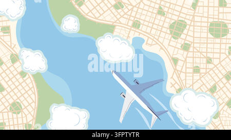 Around the world. Panoramic scenery top view with flight airplane Plane flying over cityscape, natural landscape surrounded by clouds. Vector flat Stock Vector