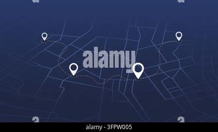 An abstract navigation plan highlights POI including city streets, blocks. City map featuring directional signs, an intended goal point and multiple Stock Vector