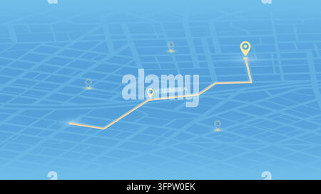 An abstract navigation plan highlights POI including city streets, blocks. City map featuring directional signs, an intended goal point and multiple Stock Vector