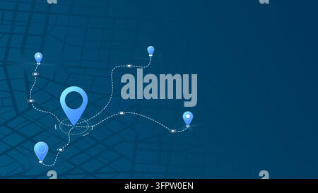 Multiple markers. An abstract navigation plan highlights POI including city streets, blocks. Editable vector illustration Stock Vector