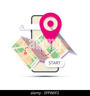 Location with GPS map. Smartphone with pin marker on paper map of city with parks, roads and button. Vector illustration on white background Stock Vector