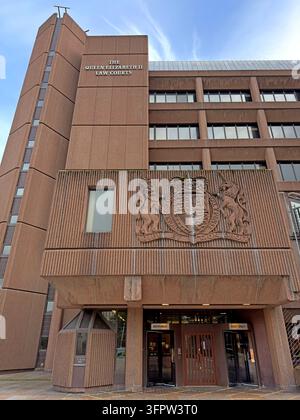 The modernist Queen Elizabeth II Law Courts building rises above Derby Square in central Liverpool. Stock Photo