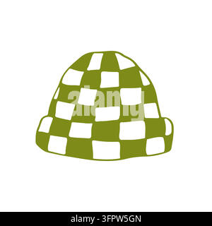 Green and white checkerboard hat icon. Checkered cap pattern. Headwear and fashion accessory. Simple vector illustration in flat style. Stock Vector