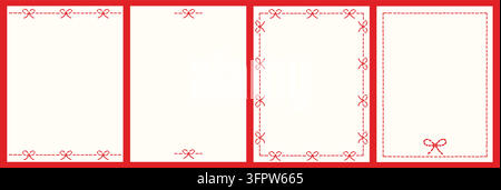 Stitched ribbon bow border card template set vertical rectangular frames. Decorative dashed embroidery seam line art collection for greeting card Stock Vector