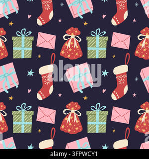 Seamless Christmas pattern featuring gift boxes, present bags, stockings, envelopes and stars for wrapping paper, festive packaging, textiles, gift ba Stock Vector
