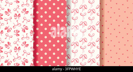 Seamless pattern set featuring hearts, bows and polka dots Stock Vector
