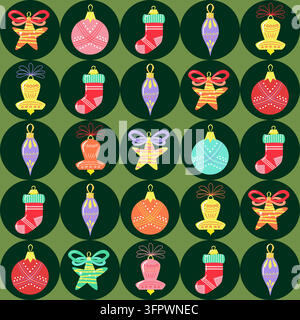 Christmas seamless pattern featuring hand drawn festive baubles stars stockings and bells on a green background. Stock Vector