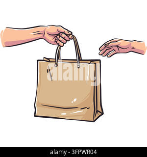 Colorful hand-drawn vector illustration of one person handing a brown paper shopping bag to another hand. Ideal for retail delivery, e-commerce, eco-f Stock Vector