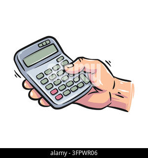 Colorful hand-drawn vector illustration of a human hand holding a digital calculator. Great for finance, accounting, budget planning, and tax calculat Stock Vector