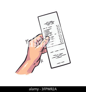 Colorful hand-drawn vector illustration of a human hand holding a long retail shopping receipt bill. Ideal for expense tracking, accounting, commercia Stock Vector