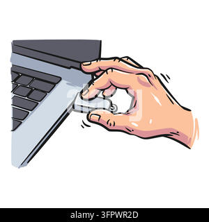 Colorful hand-drawn vector illustration of a human hand plugging a USB flash drive into a laptop port. Great for data transfer, technology, cybersecur Stock Vector