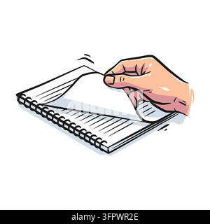 Colorful hand-drawn vector illustration of a human hand flipping a blank page in a lined spiral notebook. Perfect for educational, journaling, reading Stock Vector