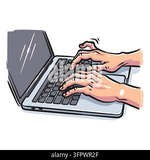 Colorful graphic illustration of human hands typing on a laptop keyboard against a white background. Bold ink outlines and cel-shaded lighting create Stock Vector