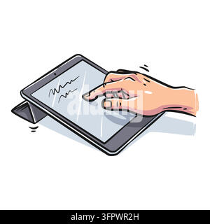 Colorful graphic illustration of a human hand touching the screen of a tablet computer supported by a folding case stand against a white background. B Stock Vector