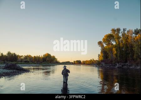 Fly fisherman stands waist deep in a calm river during sunset. Stock Photo