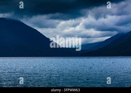 Dark clouds and storm over Lake Crescent, Olympic National Park, Port Angeles Stock Photo