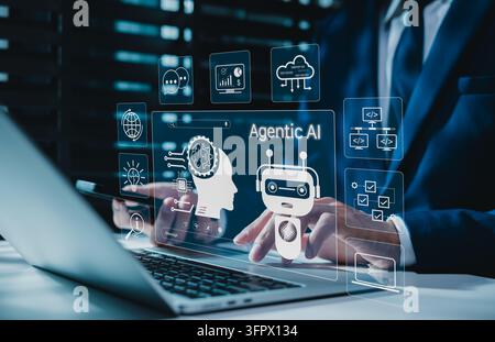 Agentic AI automation and autonomous workflow technology concept. Businessman using laptop, representing intelligent agents, decision making assistant Stock Photo