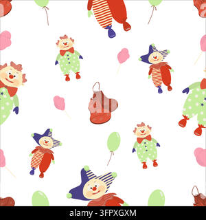 Clowns, boots, and ballsCute seamless pattern featuring cheerful colorful clown boots, and playful circus balls. Whimsical hand-drawn illustration in Stock Vector