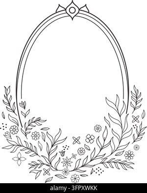 Oval Floral Frame Outline with Botanical Leaves and Flowers for Wedding and Mirror Crest Stock Vector