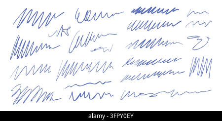 Messy pen scratch abstract doodle set with hand drawn ink lines, scribbles and sketch strokes. Chaotic blue pen marks for notes, design elements, creative background, texture or writing concept. Stock Vector
