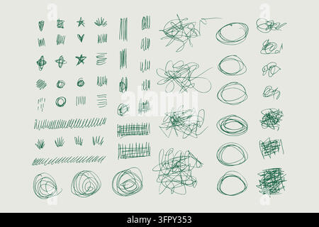Hand-drawn green pen doodles and scribbles set on light background. Abstract lines, circles, hatching, chaotic sketches and graphic elements. Creative brainstorming, education, art texture. Stock Vector