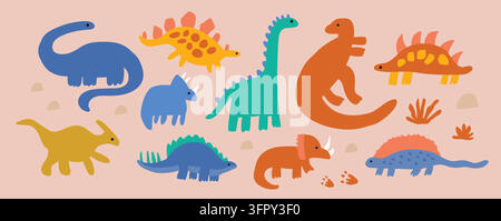 Cute dinosaur clipart collection featuring friendly prehistoric dinosaurs, dinosaur footprints and simple plants in a playful Scandinavian style. Perfect for nursery themes, childrens products. Vector illustration Stock Vector